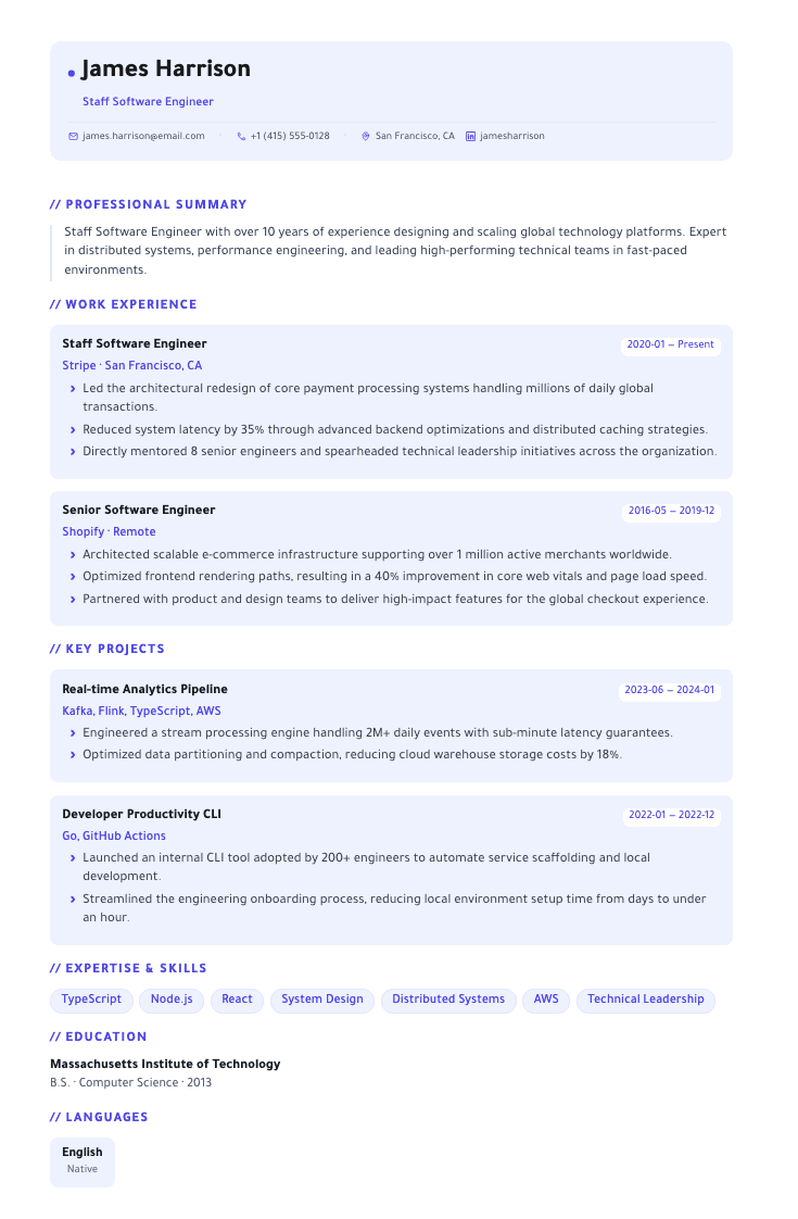 Tech Stack resume example (Male)